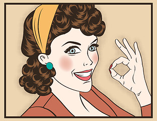 Image showing pop art cute retro woman in comics style with OK sign