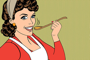 Image showing pop art retro woman with apron tasting her food