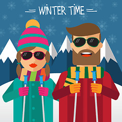 Image showing Hipster couple skiesr in flat style