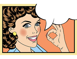 Image showing pop art cute retro woman in comics style with OK sign