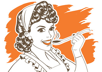 Image showing pop art retro woman with apron tasting her food