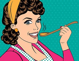 Image showing pop art retro woman with apron tasting her food