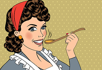 Image showing pop art retro woman with apron tasting her food