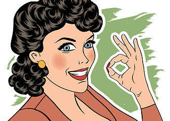 Image showing pop art cute retro woman in comics style with OK sign
