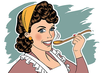 Image showing pop art retro woman with apron tasting her food