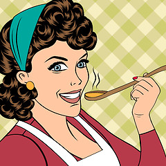 Image showing pop art retro woman with apron tasting her food