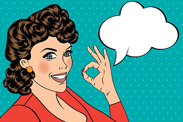 Image showing pop art cute retro woman in comics style with OK sign