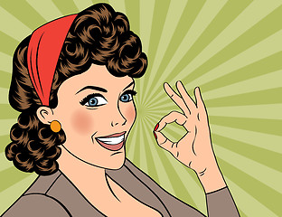 Image showing pop art cute retro woman in comics style with OK sign