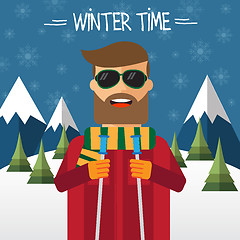 Image showing Hipster skier in flat style