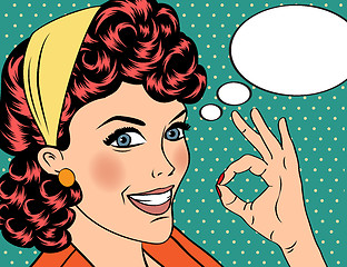 Image showing pop art cute retro woman in comics style with OK sign