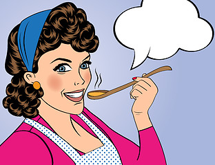 Image showing pop art retro woman with apron tasting her food