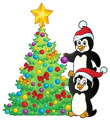 Image showing Penguins near Christmas tree theme 2