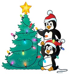 Image showing Penguins near Christmas tree theme 1