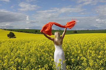 Image showing Happy woman flailing scarf in a field of flowering canola in spr