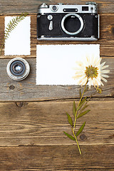 Image showing lens, retro camera and pressed plant