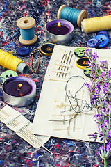 Image showing Set of seamstresses and bouquet of lavender