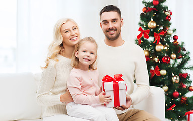 Image showing happy family at home with christmas gift box