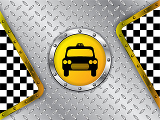 Image showing Taxi company advertising with metallic badge