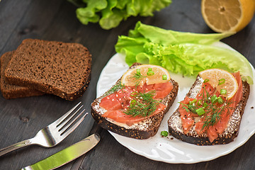 Image showing Sandwich with salmon for breakfast