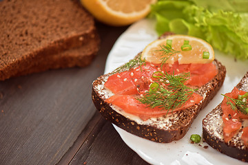 Image showing Sandwich with salmon for breakfast