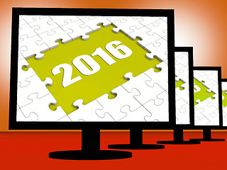 Image showing Two Thousand And Sixteen On Monitors Shows Year 2016 Resolution