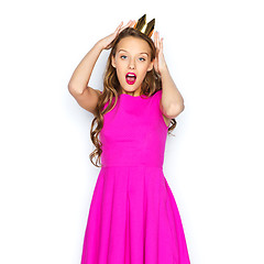 Image showing happy young woman or teen girl in pink dress