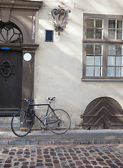 Image showing cobblestone street with bicycle  medieval houses Riga Latvia Eur