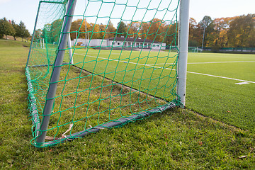 Image showing close up of football goal on field