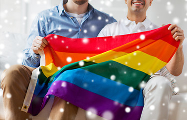 Image showing close up of male gay couple holding rainbow flag