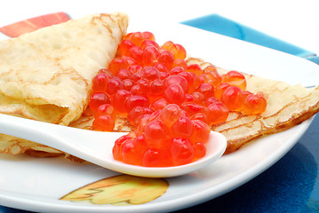 Image showing Pancake with red caviar