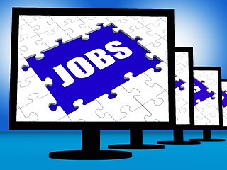 Image showing Jobs On Monitors Shows Jobless Employment Or Hiring Online