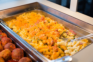 Image showing close up of pasta and meatballs on catering tray