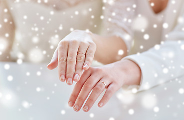 Image showing close up of lesbian couple hands and wedding rings