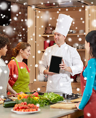 Image showing happy women with chef and tablet pc in kitchen