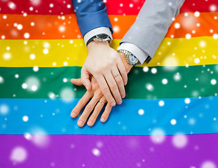 Image showing close up of male gay couple hands on rainbow flag