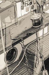 Image showing Close up of a deck of old sailing ship, sepia