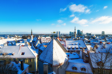 Image showing A view over the rooftops of old Tallinn frosty morning