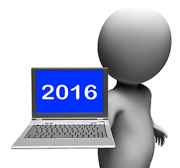 Image showing Two Thousand And Sixteen Character Laptop Shows New Year 2016