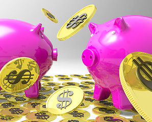 Image showing Raining Coins On Piggybanks Shows American Profit