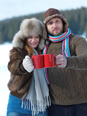 Image showing happy young couple drink warm tea at winter