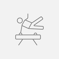 Image showing Gymnast exercising on pommel horse line icon.