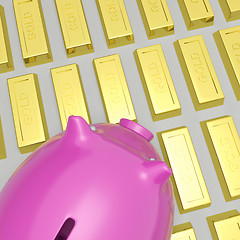 Image showing Piggybank On Gold Bars Shows Wealth