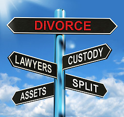 Image showing Divorce Signpost Means Custody Split Assets And Lawyers