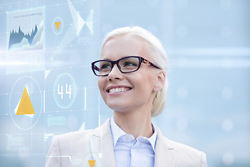 Image showing young smiling businesswoman in eyeglasses outdoors