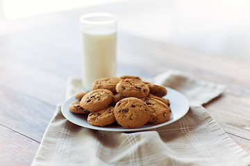 Image showing close up of chocolate oatmeal cookies and milk