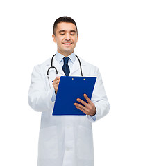 Image showing smiling male doctor with clipboard and stethoscope