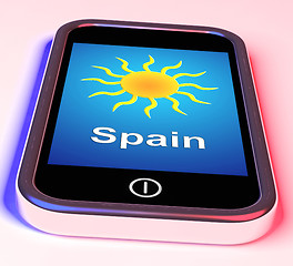 Image showing Spain On Phone Means Holidays And Sunny Weather