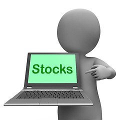 Image showing Stocks Laptop Shows Dow Investment And Stock Market