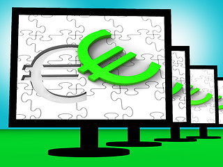 Image showing Euro Symbol On Monitors Showing European Wealth