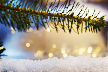 Image showing branch and artificial snow with bokeh lights